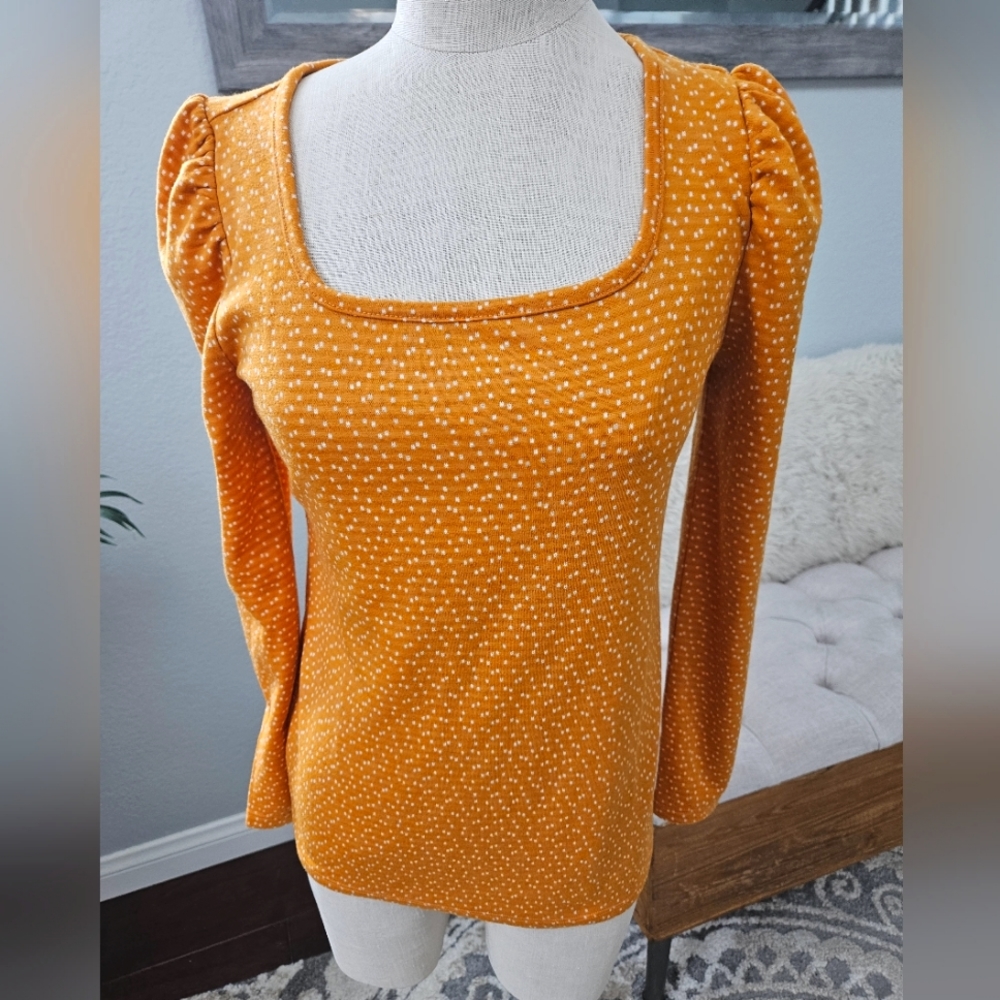LOFT- Womens Orange long sleeve boat neck mini puff sleeve top, shirt SZ XS